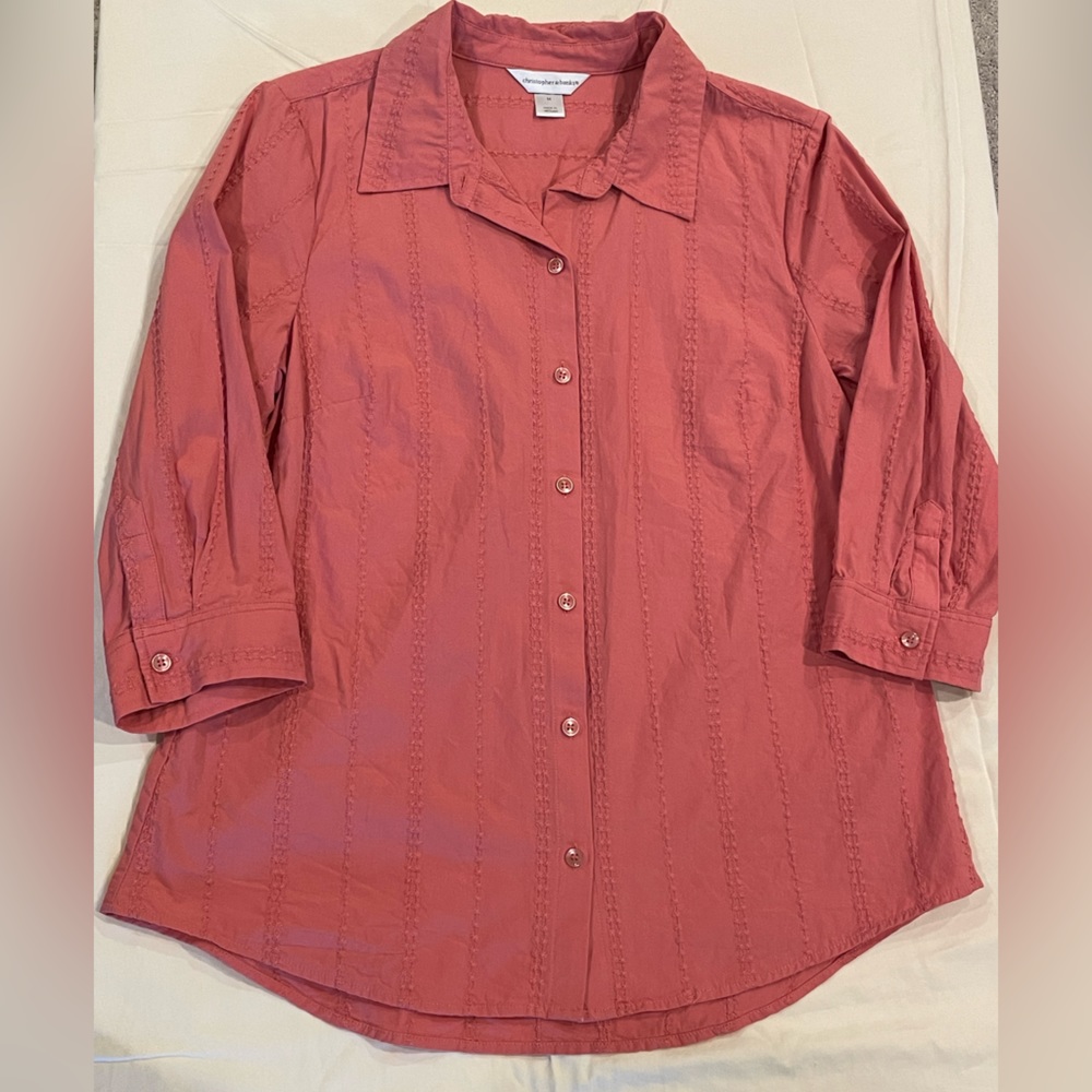 Christopher & Banks Womens M Salmon/Coral 3/4 Sleeve Button Down Eyelet Casual